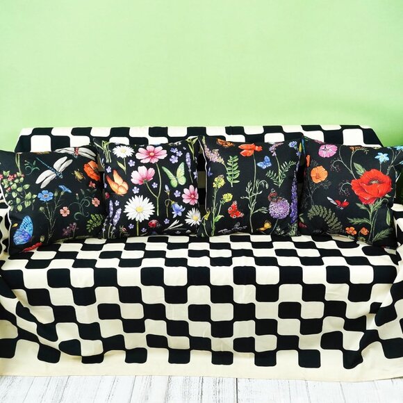 Outdoor Waterproof Spring Summer Pillow Covers Black Cushion Cases Set of 4 - Picture 2 of 6